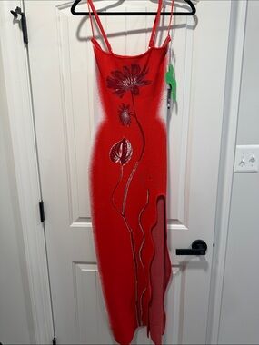PH5 Red Floral Slip Maxi Dress with Side Slit size medium NWT